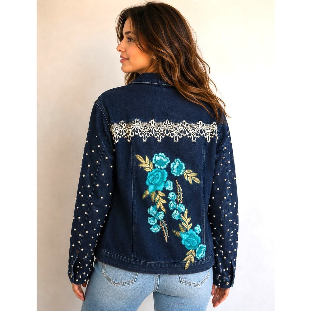 Women With Control XL Embellished Denim Jacket Custom Lace Turquoise Floral Back